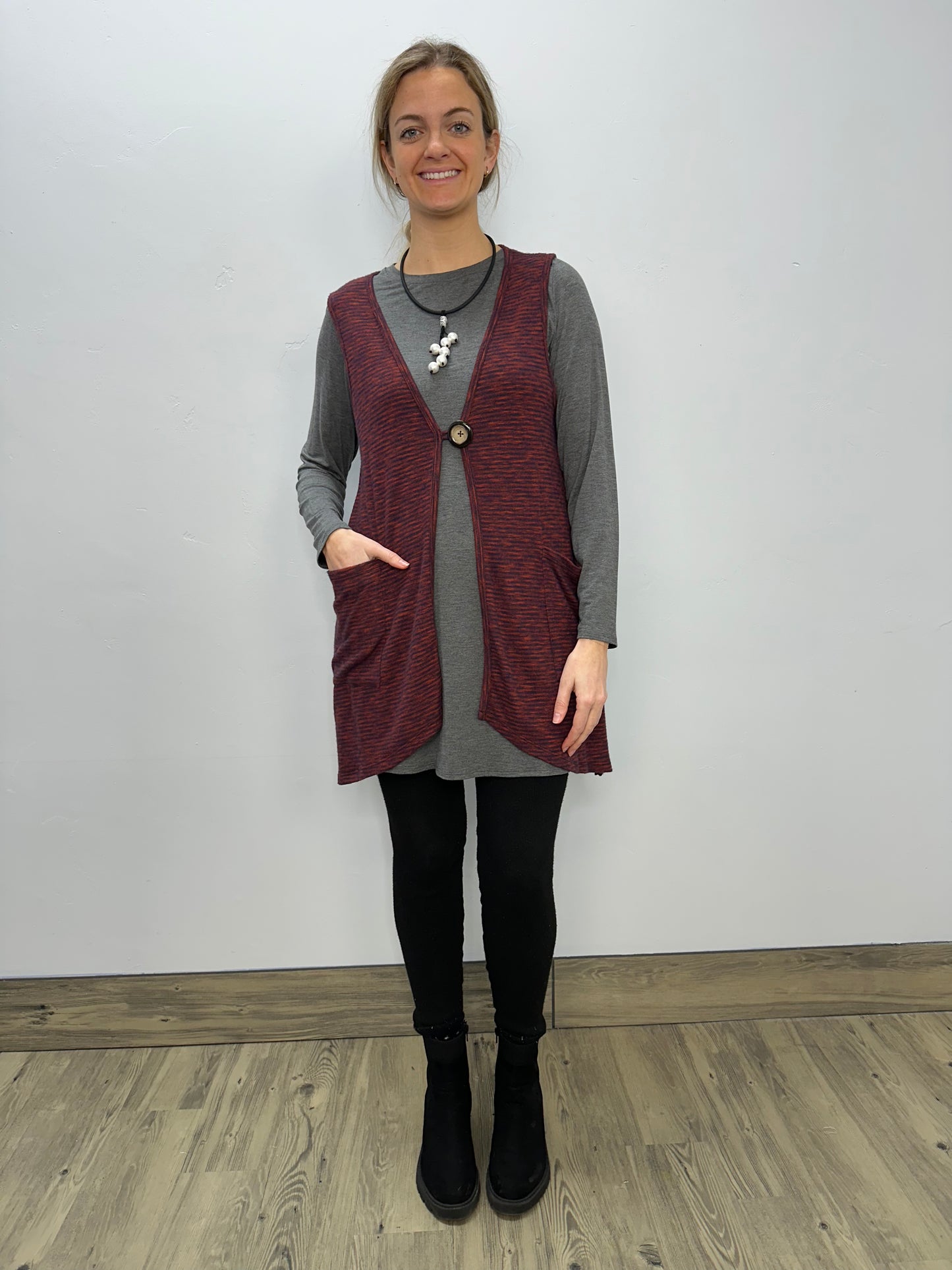 Modal One Button Vest with Pockets - Spicy Blueberry