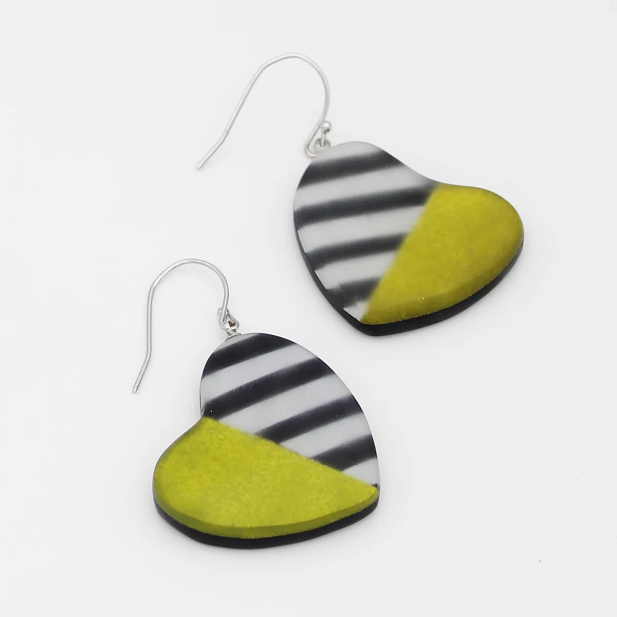 Lime and Black Stripe Heart Earrings