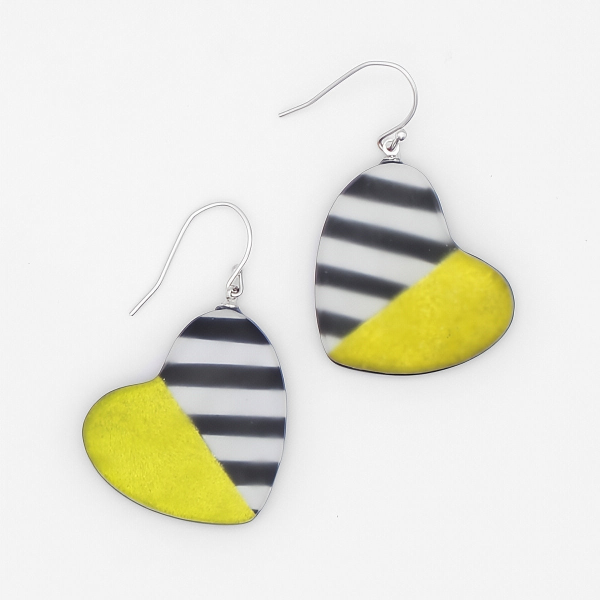 Lime and Black Stripe Heart Earrings