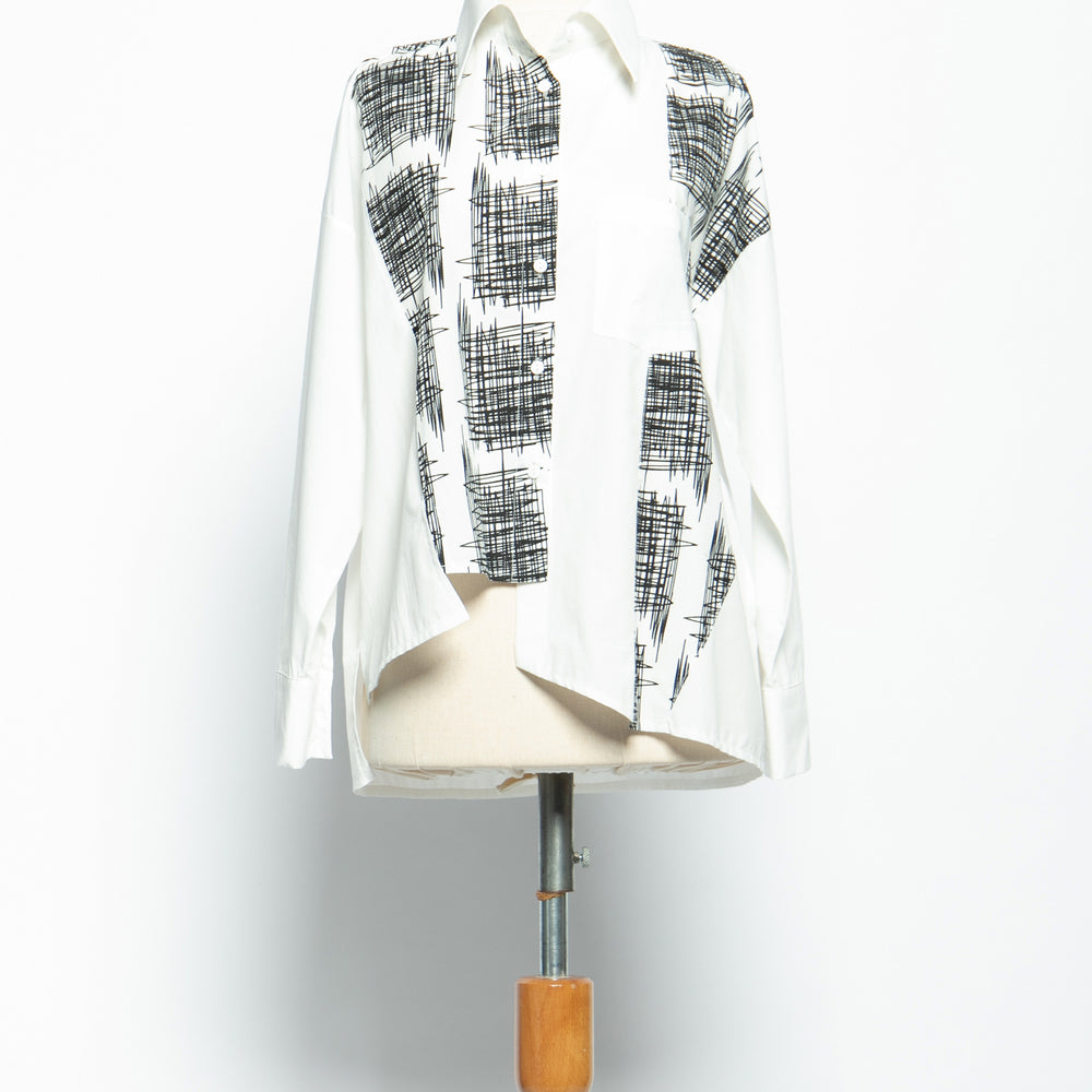 
                  
                    White Pattern Asymmetric Button Up Blouse
                  
                