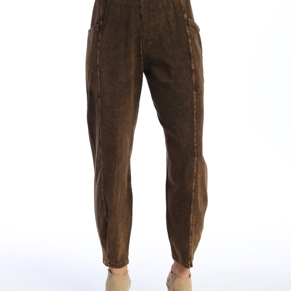 Chocolate Mineral Washed Cotton Lantern Pants With Side Patch Pockets