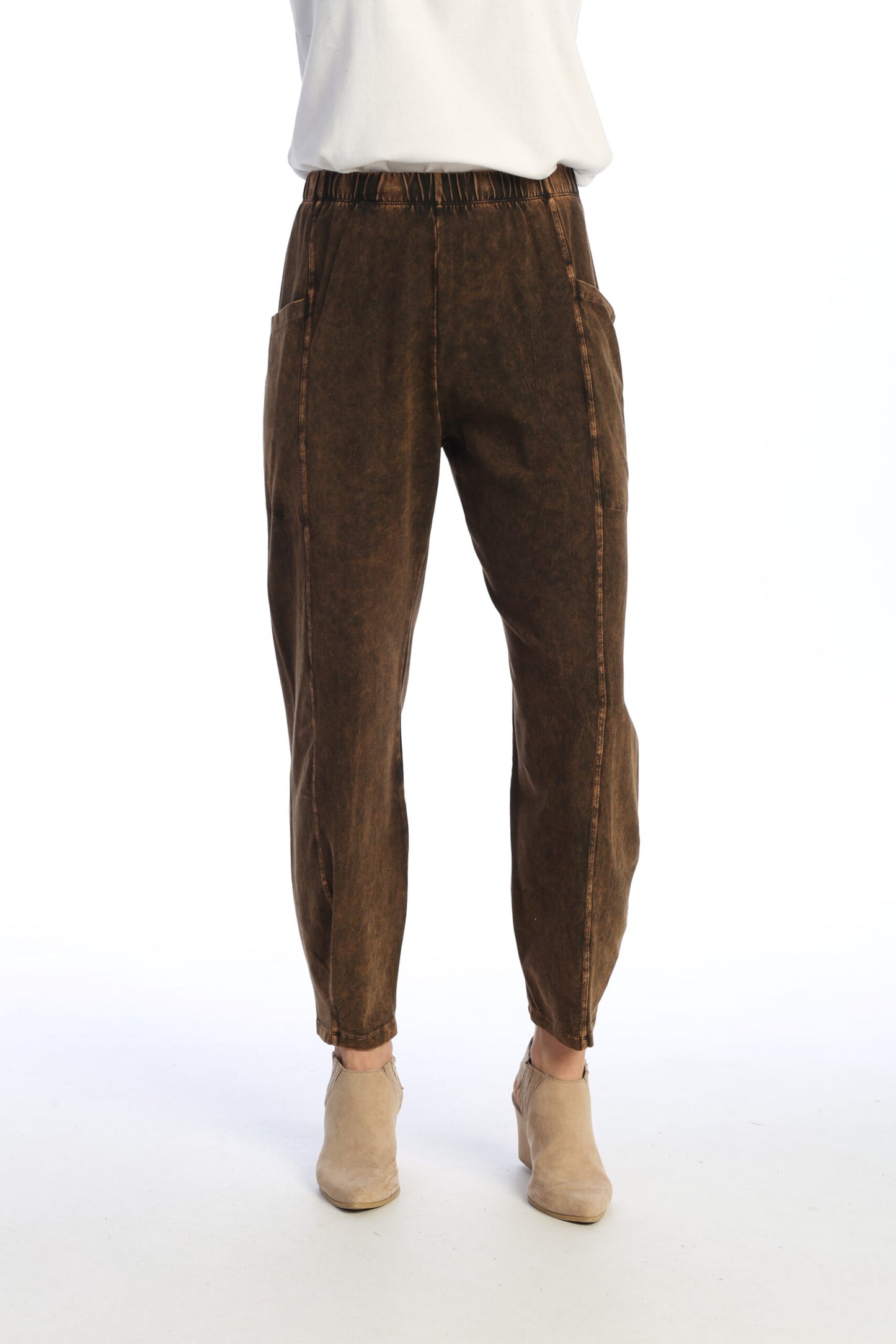 Chocolate Mineral Washed Cotton Lantern Pants With Side Patch Pockets