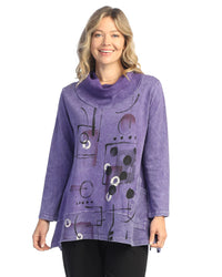 Purple Scribbles Mineral Washed French Terry Cowl Neck Tunic