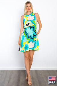 Blue Green Floral Print Sleeveless Keyhole Dress