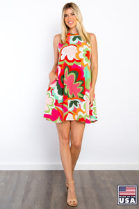 Pink Green White Floral Print Sleeveless Keyhole Dress