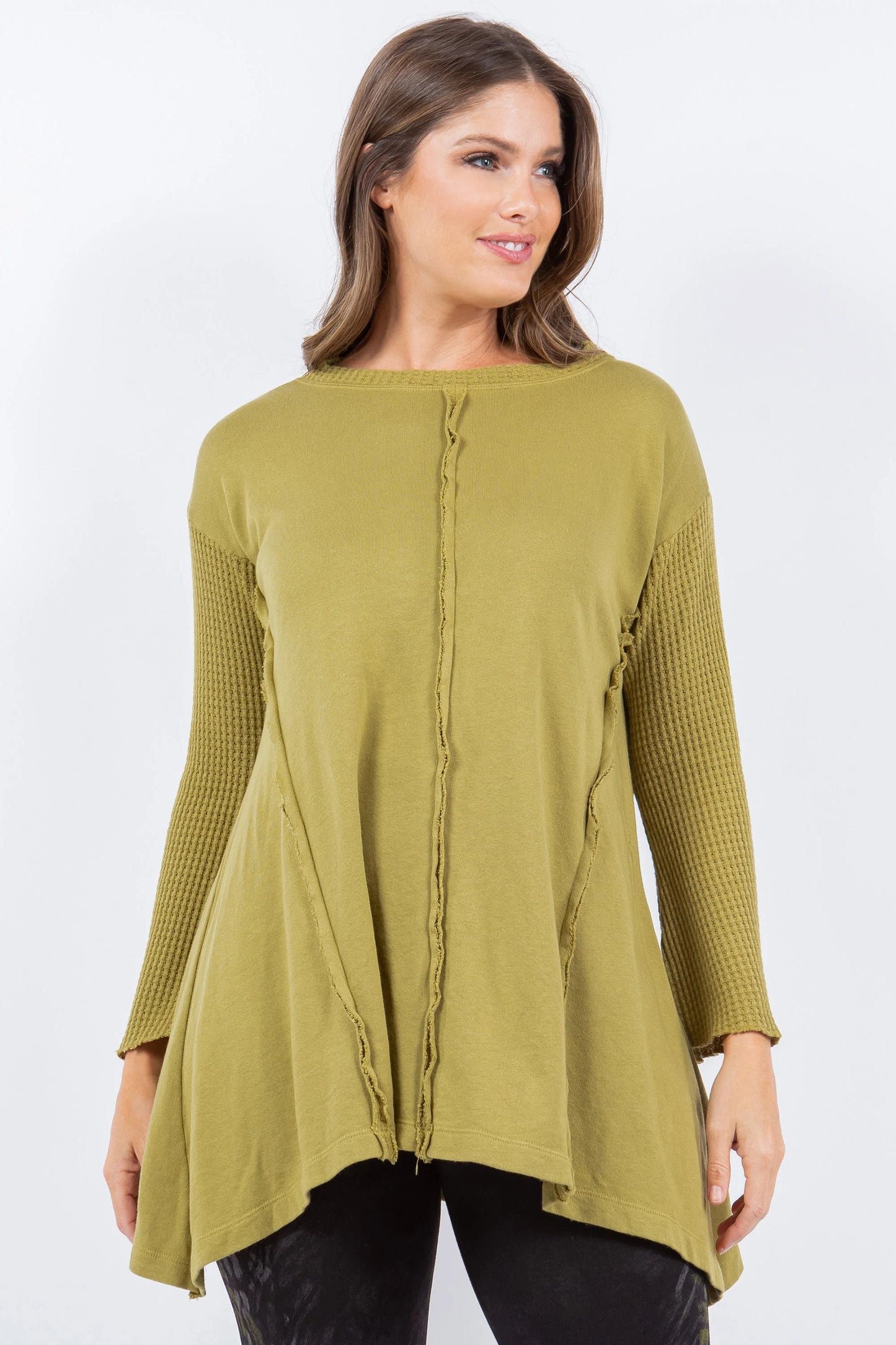 Willow Green French Terry Waffle Knit Sleeves Raw Edge Sweater