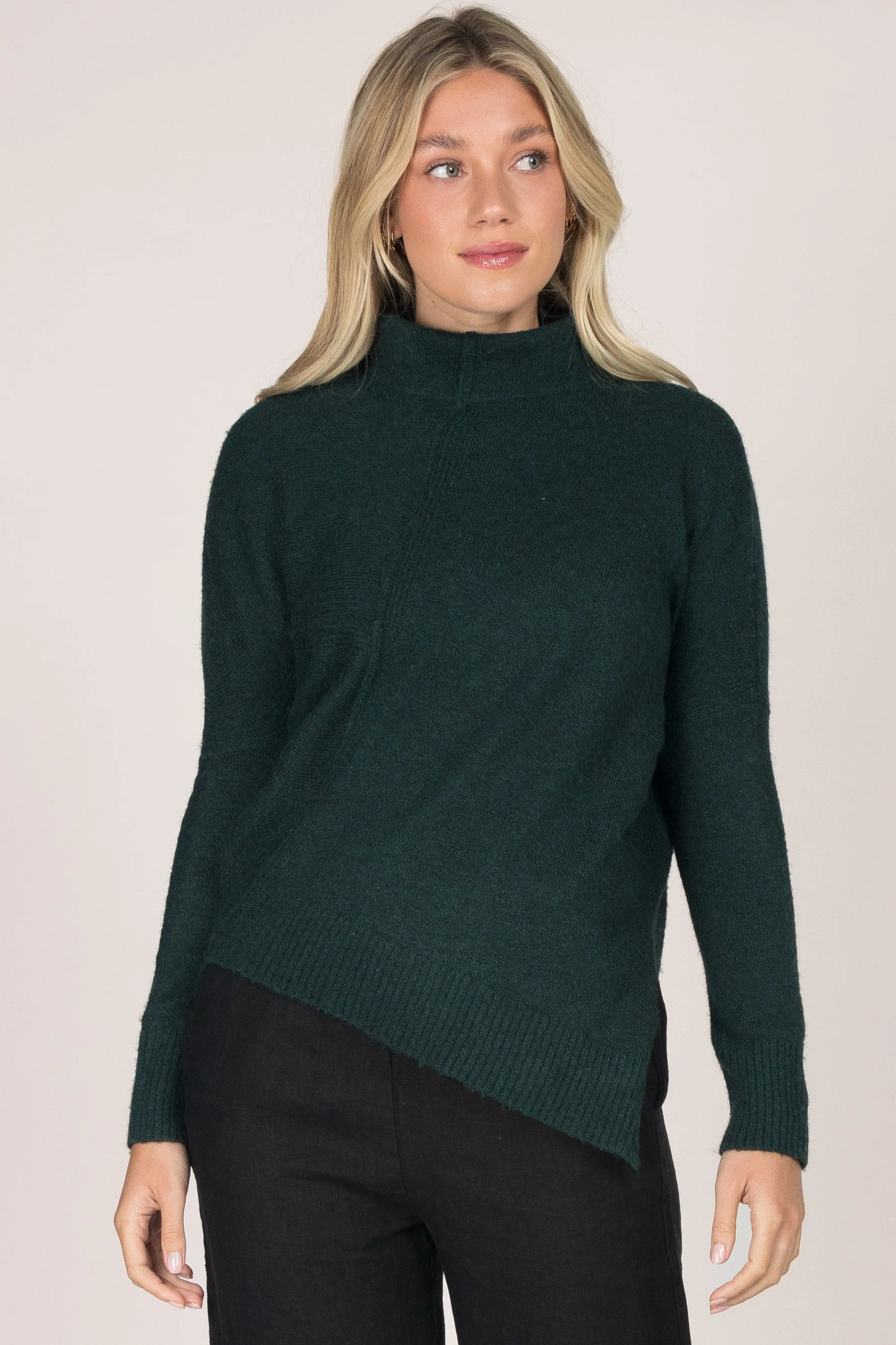 Balsam Green Asymmetrical Symphony Slit Sweater