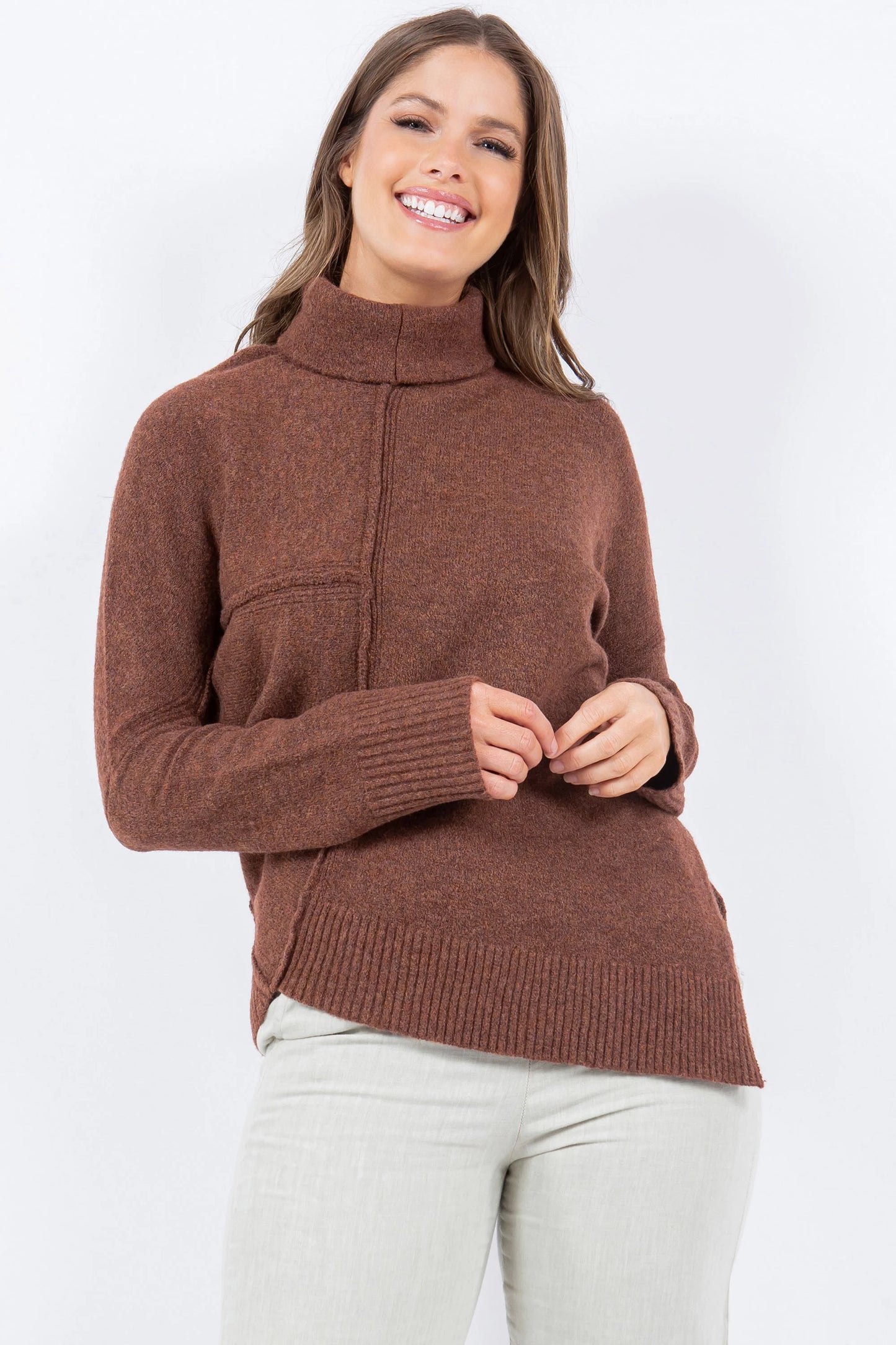 Cognac Brown Asymmetrical Symphony Slit Sweater