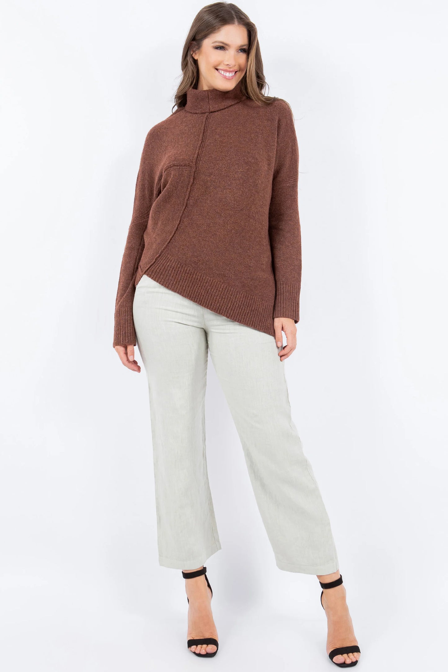 Cognac Brown Asymmetrical Symphony Slit Sweater