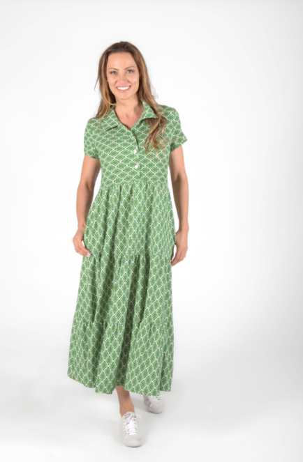 Green Pattern Short Sleeve Tiered Long Dress