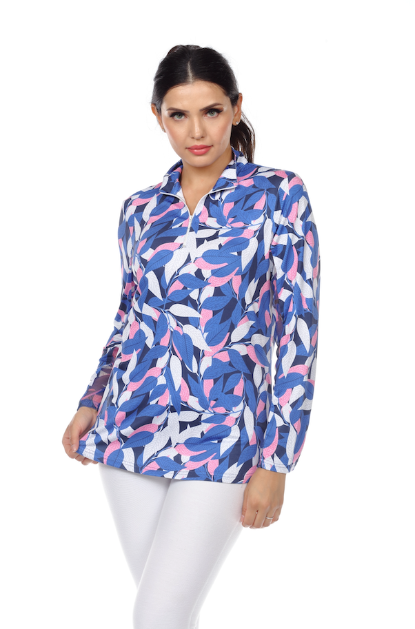 Purple Leaves Long Sleeve Top with Zippered Collar