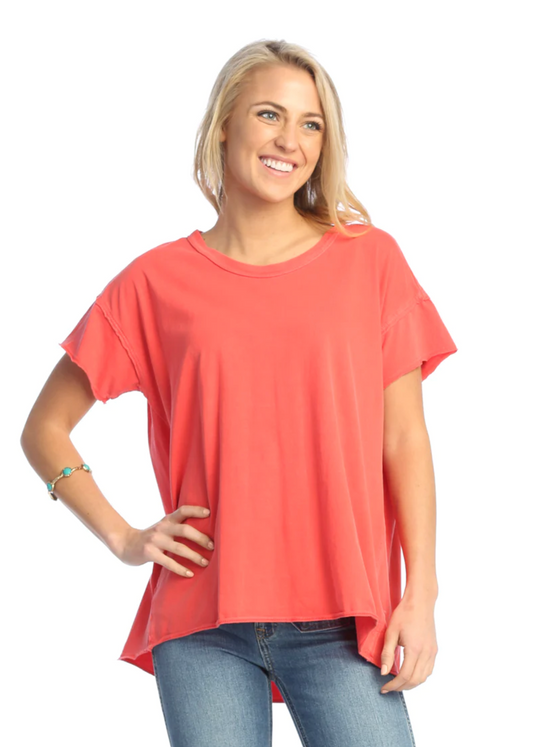 Coral Cotton Jersey Round Neck Top with Back Pleat