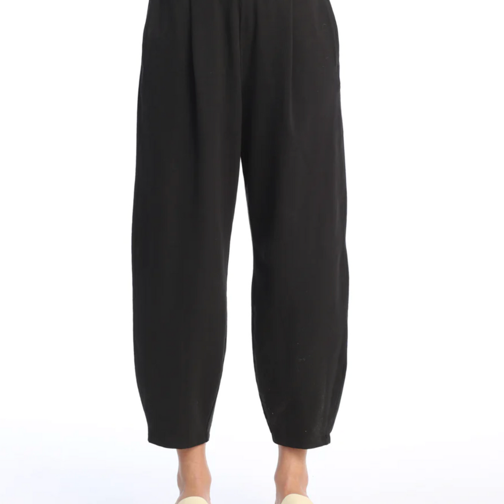 Jet Black Cotton Span Jersey Lantern Pants with Pockets and Front Seam