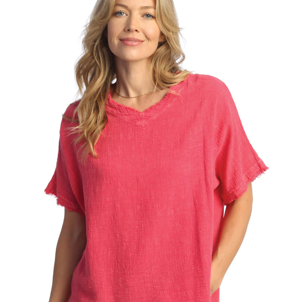 Solid Raspberry Mineral Wash Gauze Short Sleeve Top with Fringe