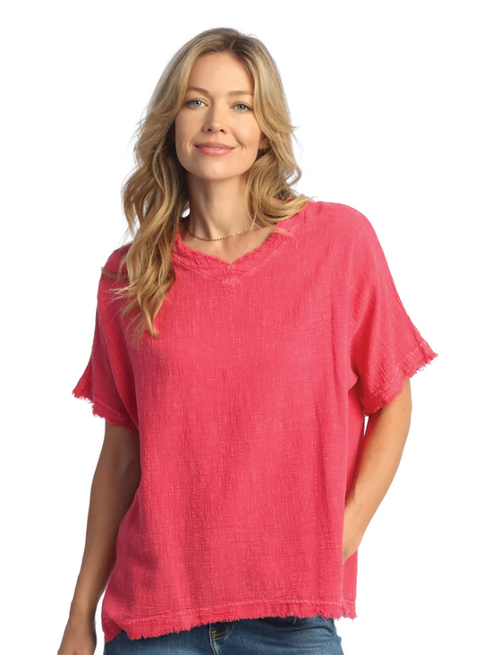Solid Raspberry Mineral Wash Gauze Short Sleeve Top with Fringe