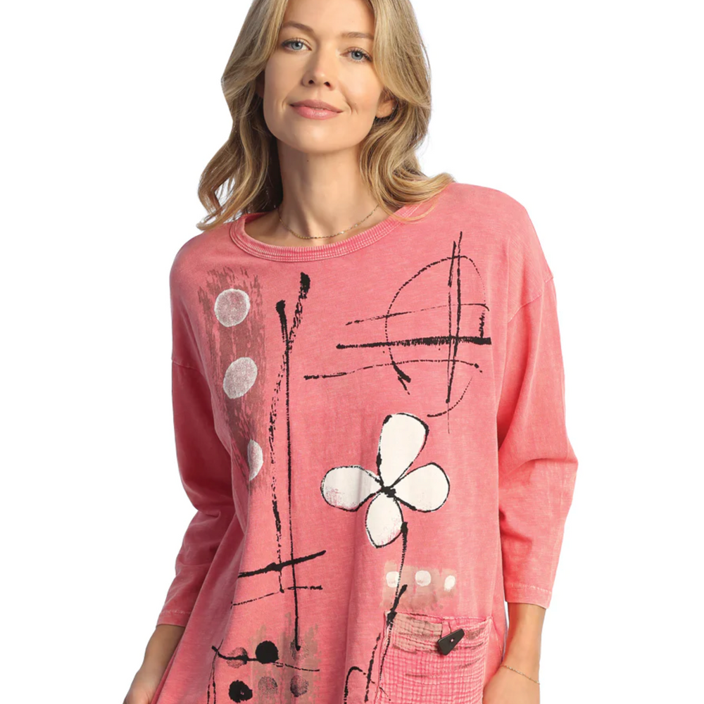 Petals Mineral Washed ¾ Sleeve Top with Double Gauze Pocket