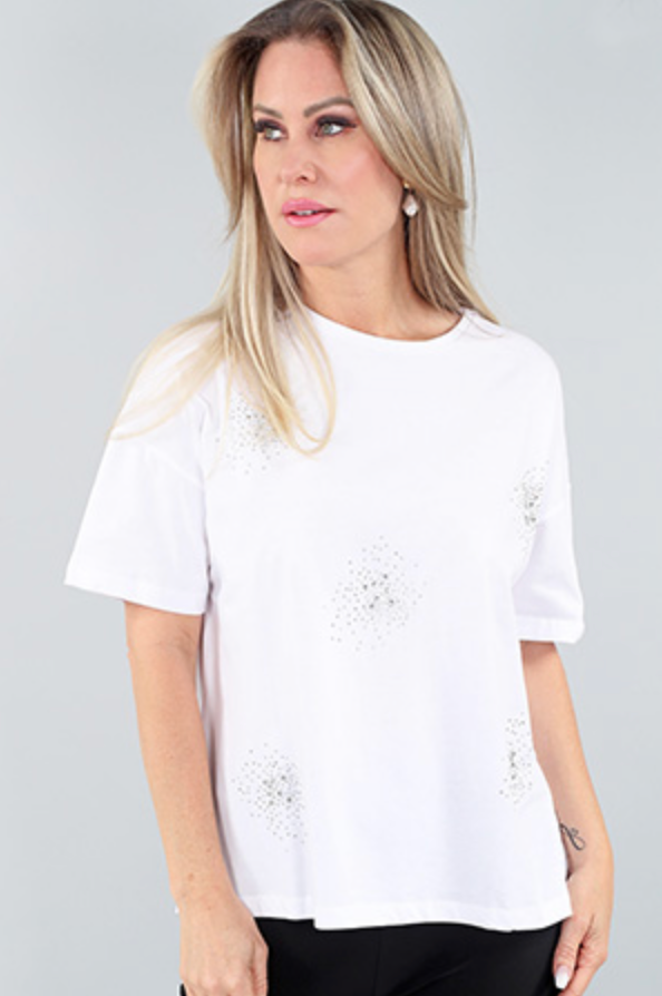 White Short Sleeve Tee with Rhinestones