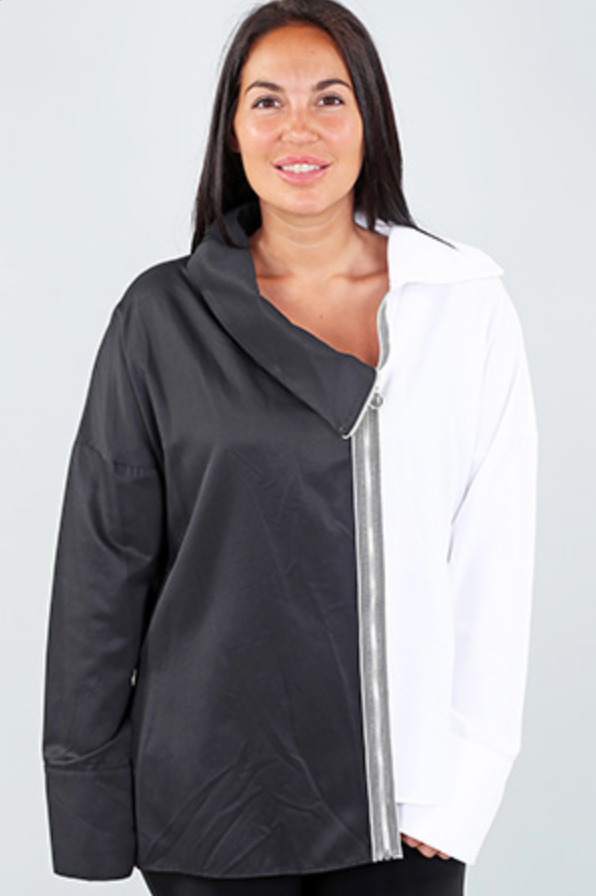 Black and White Split Zippers Long Sleeve Shirt