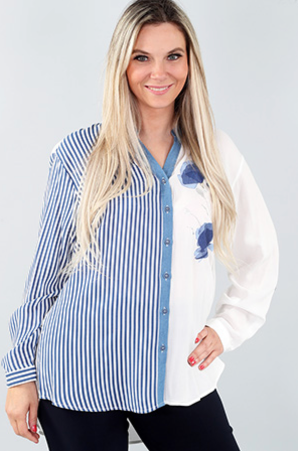 Blue Striped Button Down with Floral Detail Shirt