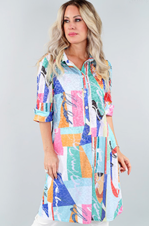 Sunshine Spirals Collared Button Down Shirt Dress