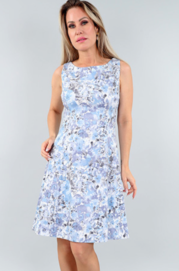 Blue Grey Floral Sleeveless Flared Dress