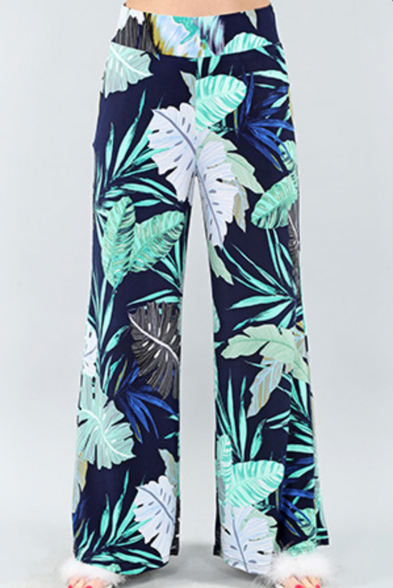Blue Tropical Pattern Full Length Wide Leg Pant