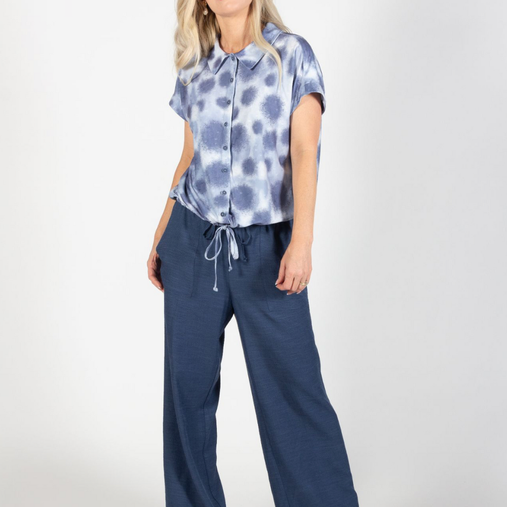 Blue Dots Collared Draw String Short Sleeve Top