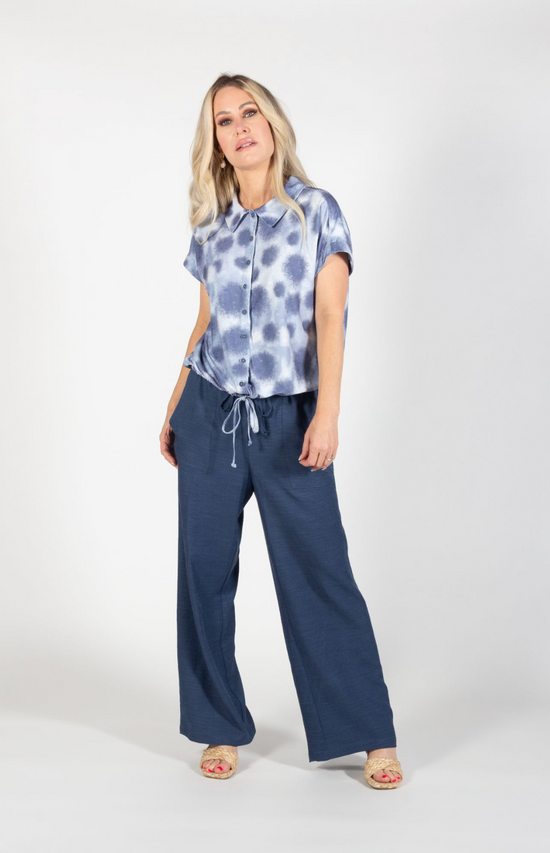 Blue Dots Collared Draw String Short Sleeve Top