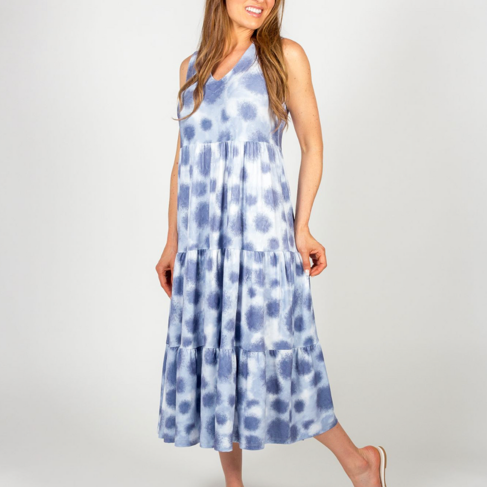 Blue Dots Bamboo Sleeveless Tiered Long Dress