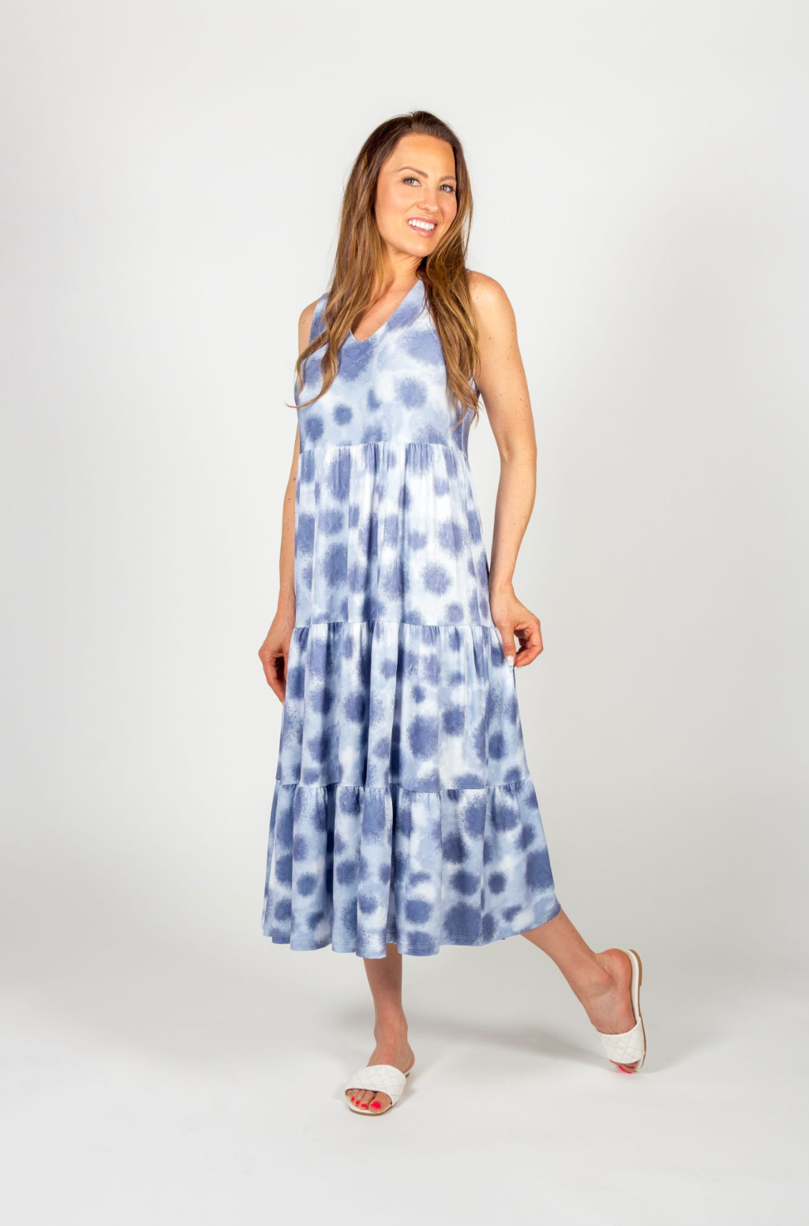 Blue Dots Bamboo Sleeveless Tiered Long Dress