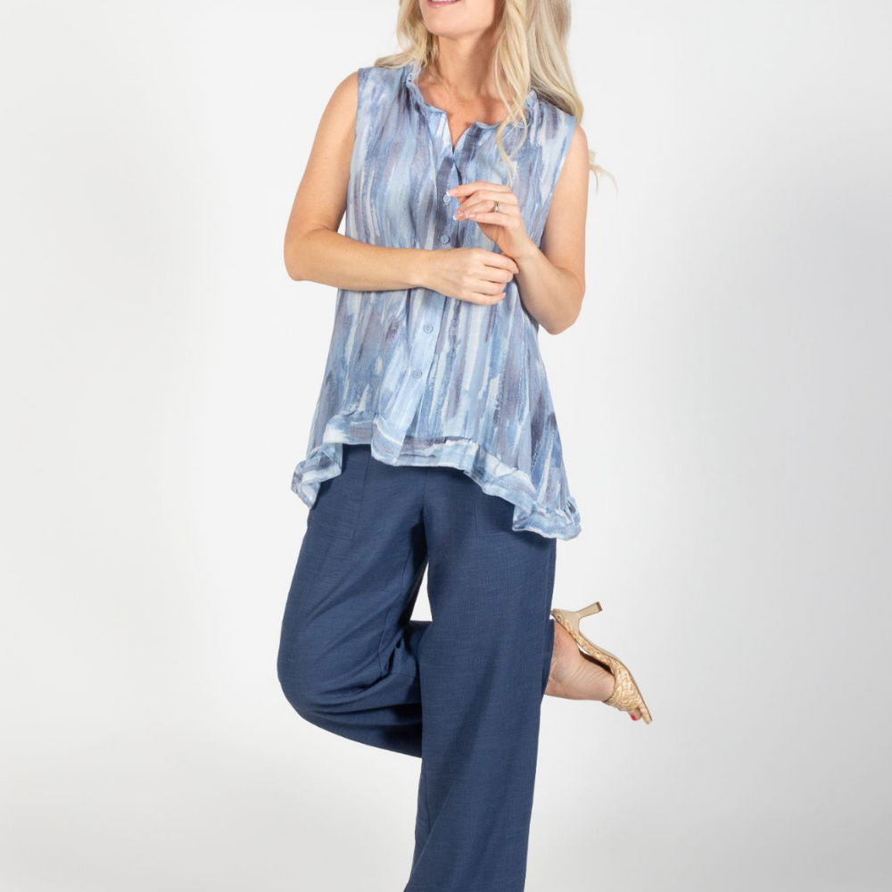 Blue Sky Sleeveless Button Down Top