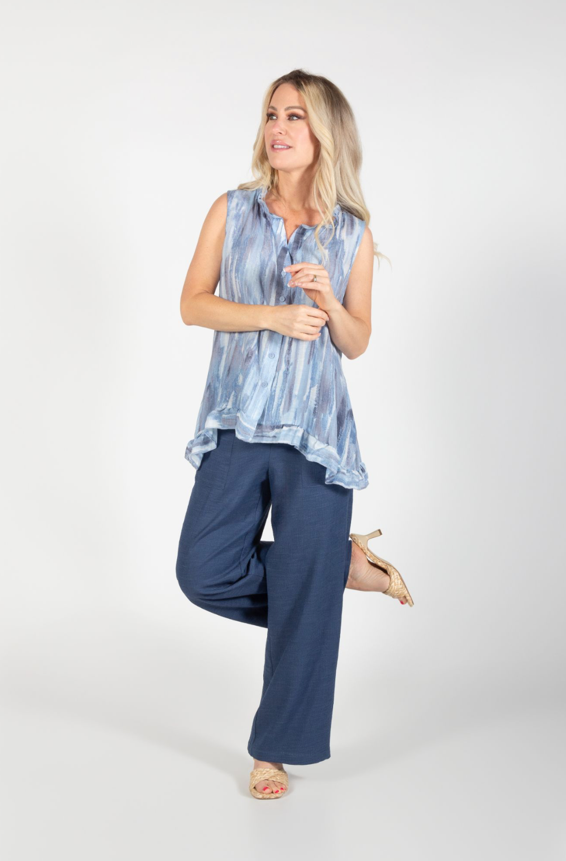 Blue Sky Sleeveless Button Down Top