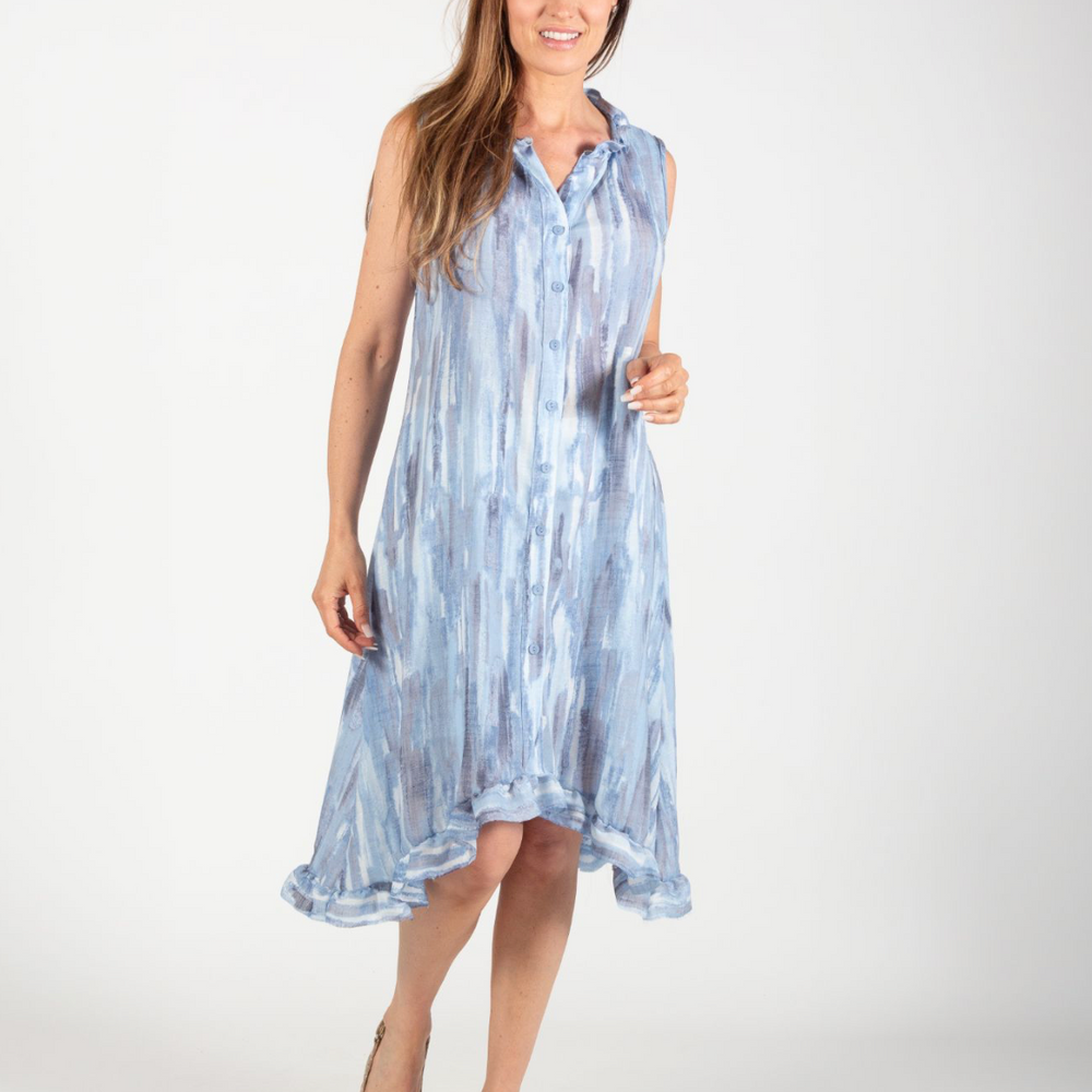 Blue Sky Bamboo Sleeveless Button Down Ruffle Dress