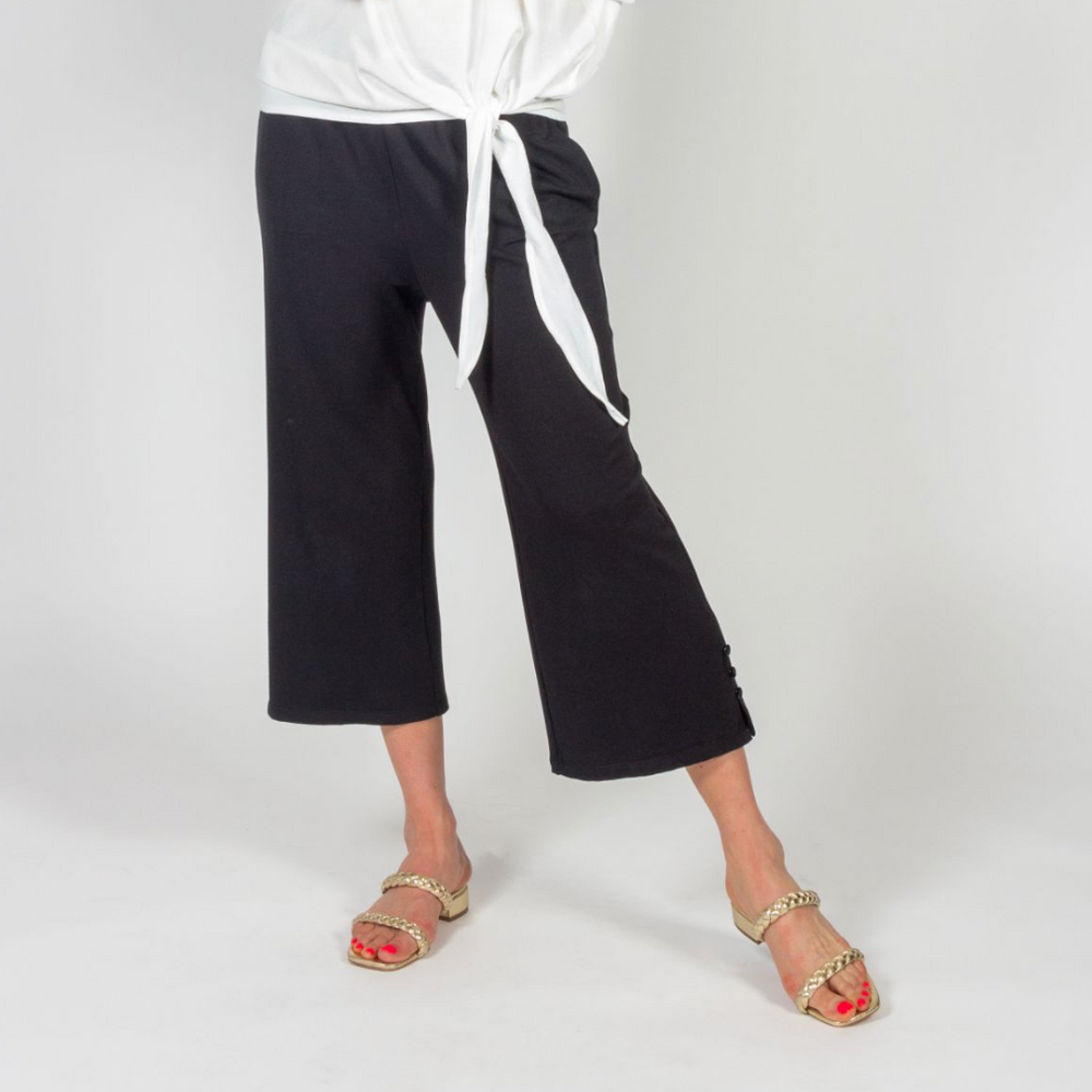 Black Bamboo Terry Capri with Button Detail