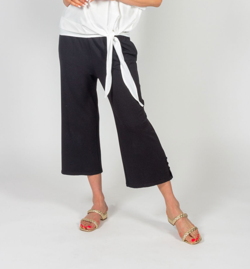 Black Bamboo Terry Capri with Button Detail
