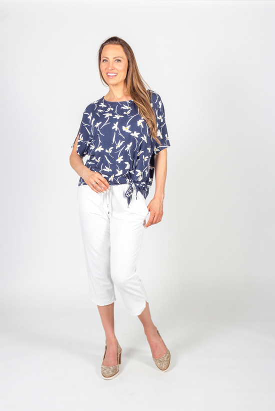 Navy Floral Elbow Sleeve Bamboo Tie Top