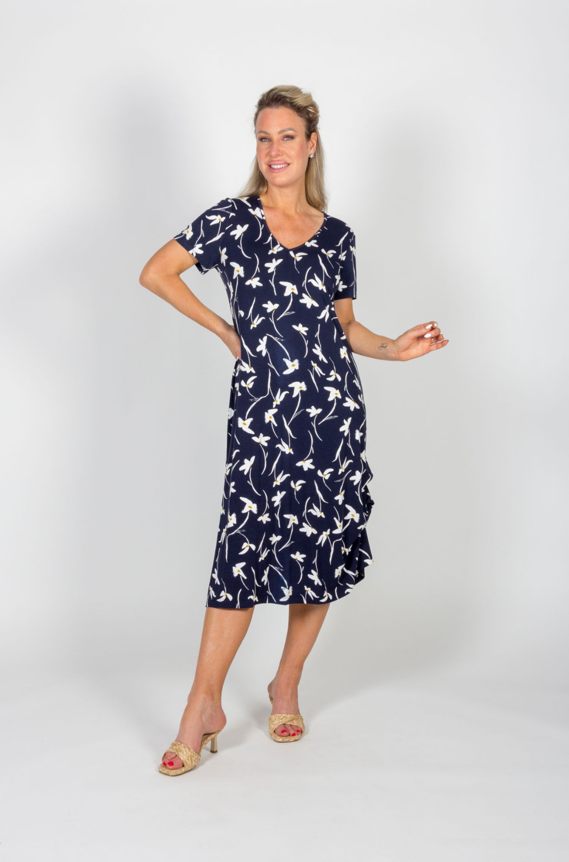 Navy Floral Short Sleeve Dress