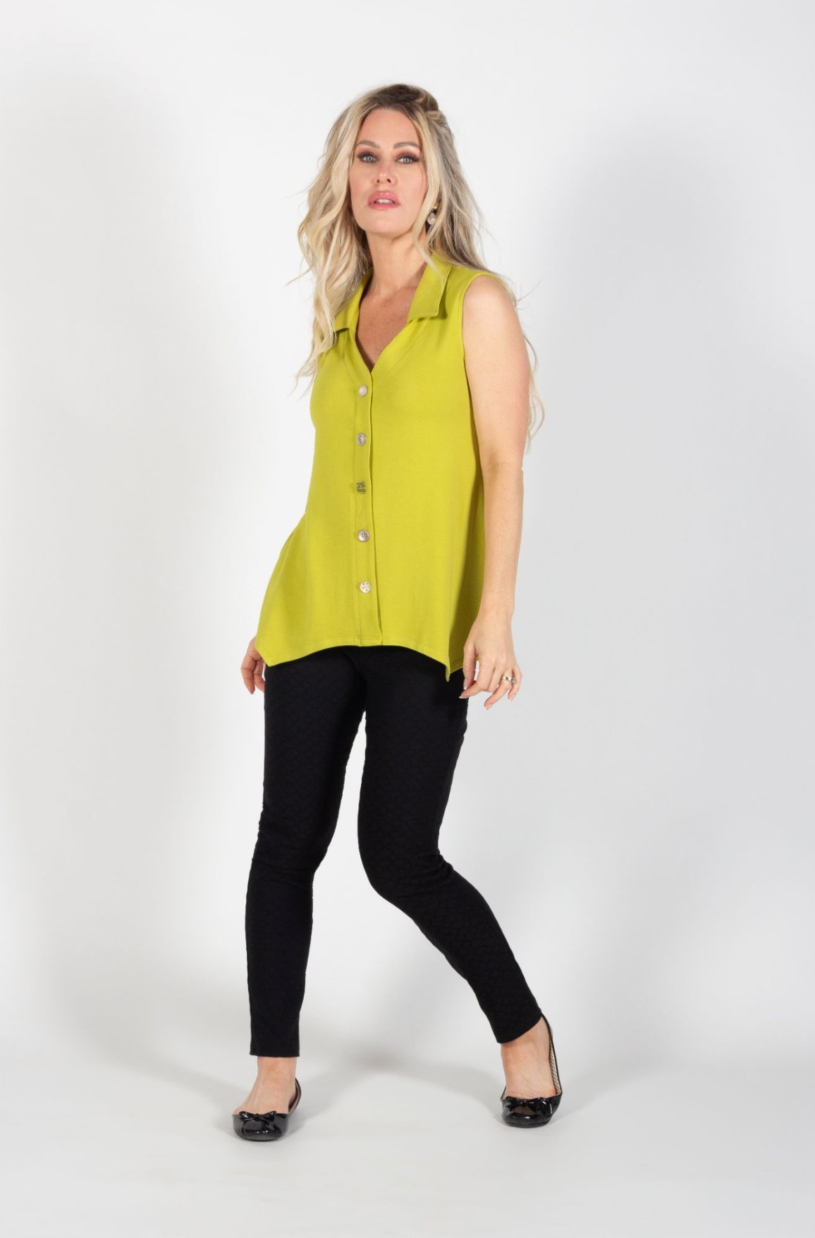 Lime Bamboo Button Down Placket Sleeveless Tunic