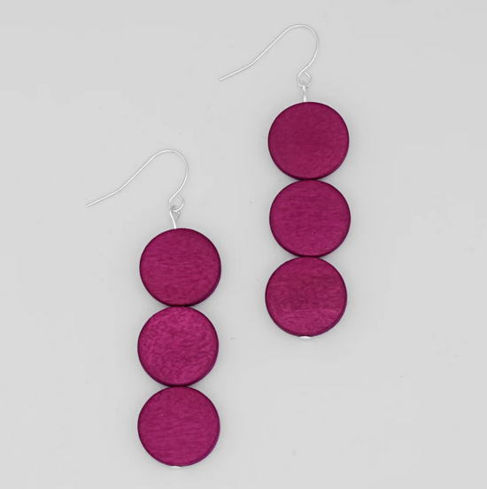 Fuchsia Triple Bead Wood Earring