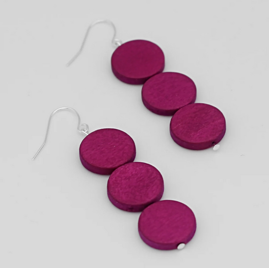 Fuchsia Triple Bead Wood Earring