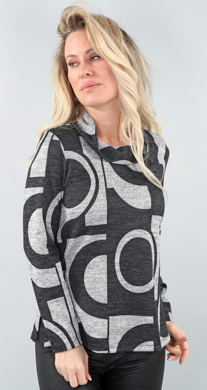 Long Sleeve Hacci Cowl Neck Geometric Charcoal & Grey Top