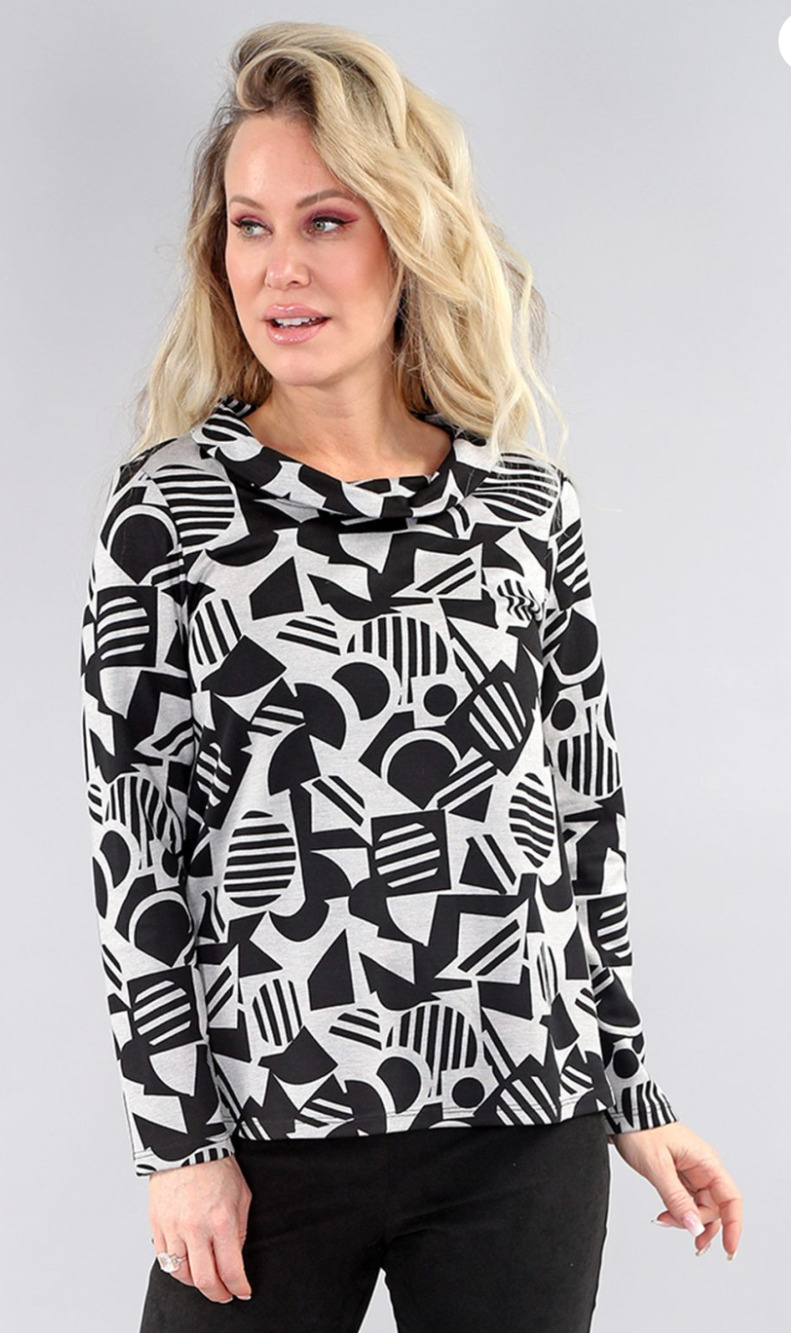 Long Sleeve Cowl Neck Geometric Black Grey Top