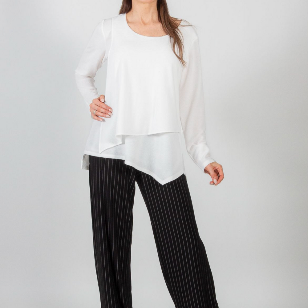 Ivory Long Sleeve Double Layered Asymmetrical Top