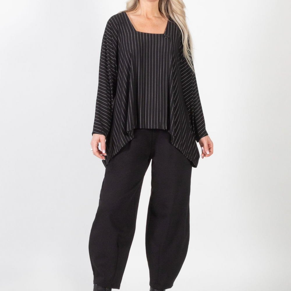 Black Grey Pinstripe Shark-bite Tunic Top