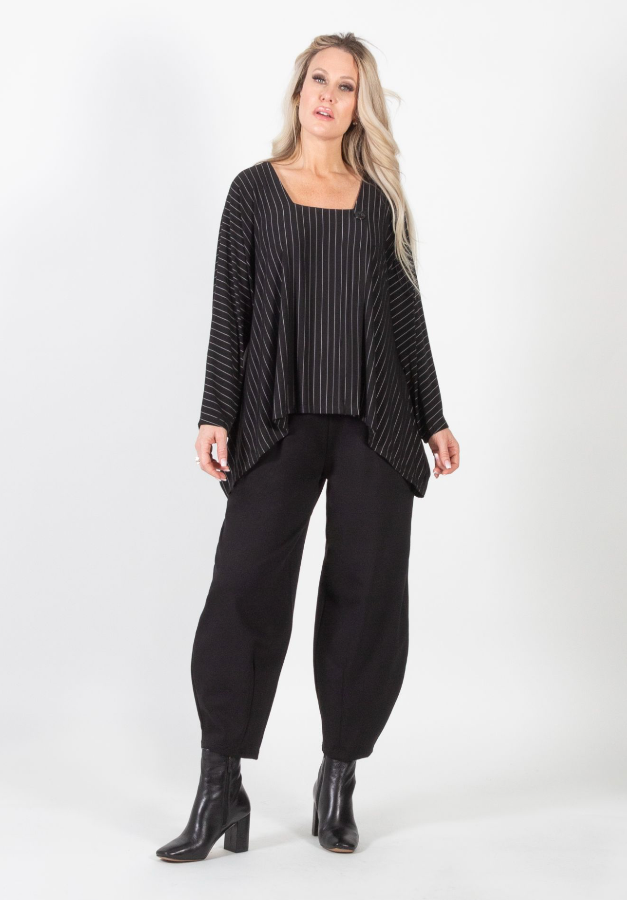 Black Grey Pinstripe Shark-bite Tunic Top