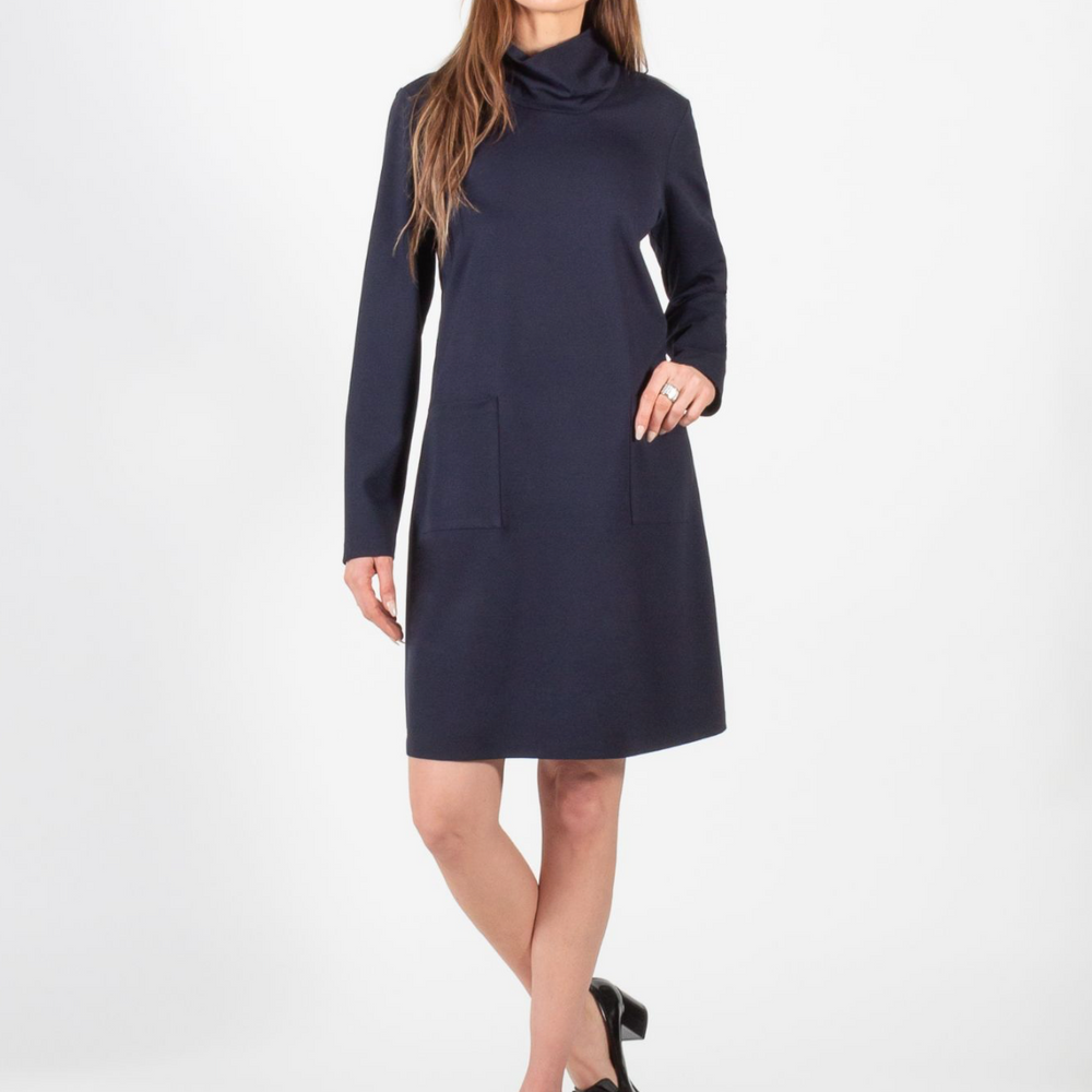 Navy Cowl Neck Long Sleeve 2 Pocket Dress