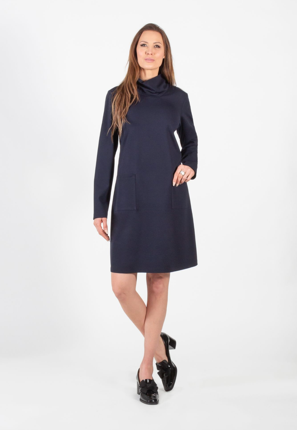 Navy Cowl Neck Long Sleeve 2 Pocket Dress