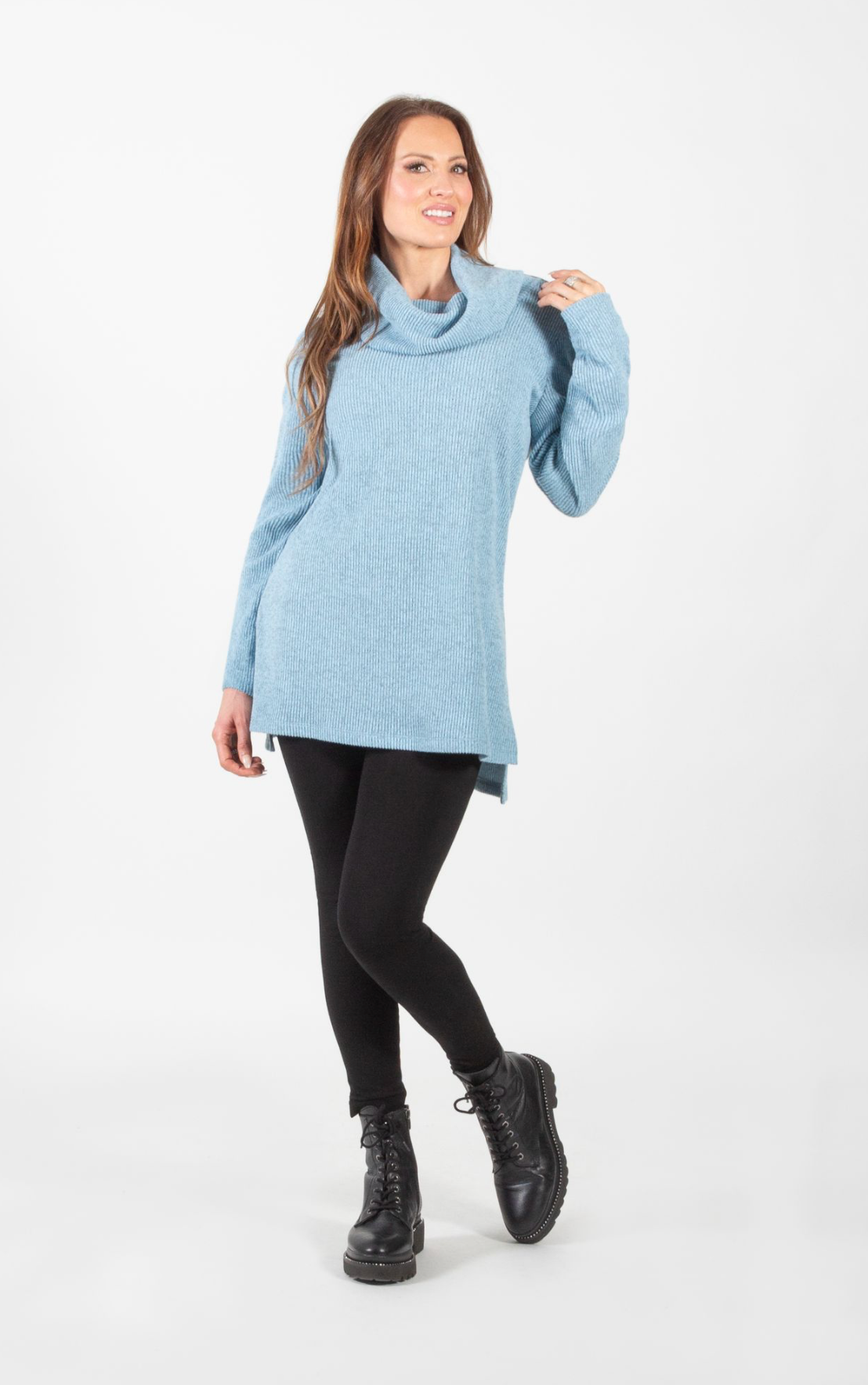 Ice Blue Long Sleeve Cowl Neck Top