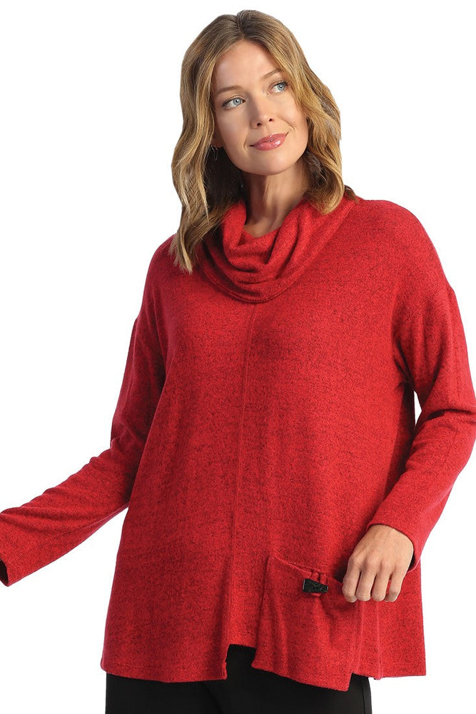 Red Soft-Brushed Knit Tunic with Cowl Neck and Patch Pocket