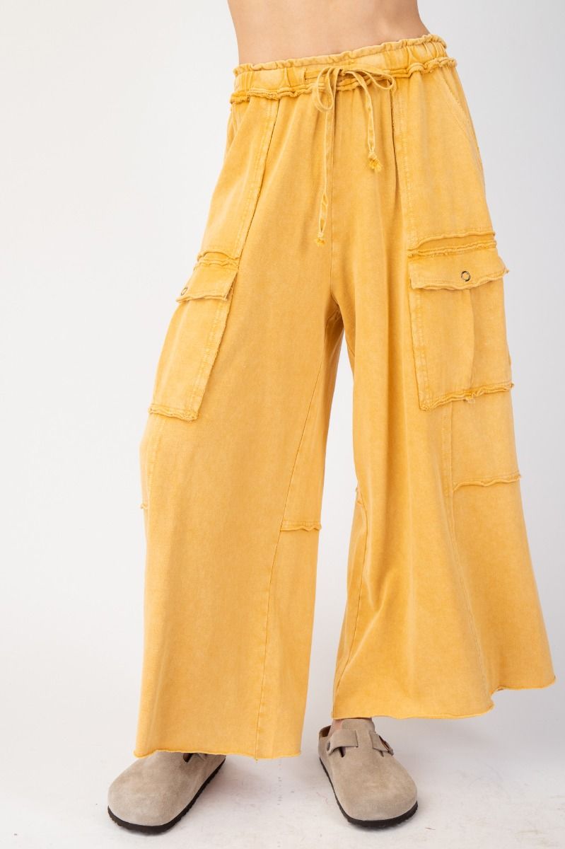 Gold Yellow Mineral Wash Wide Leg 100% Cotton Cargo Pant